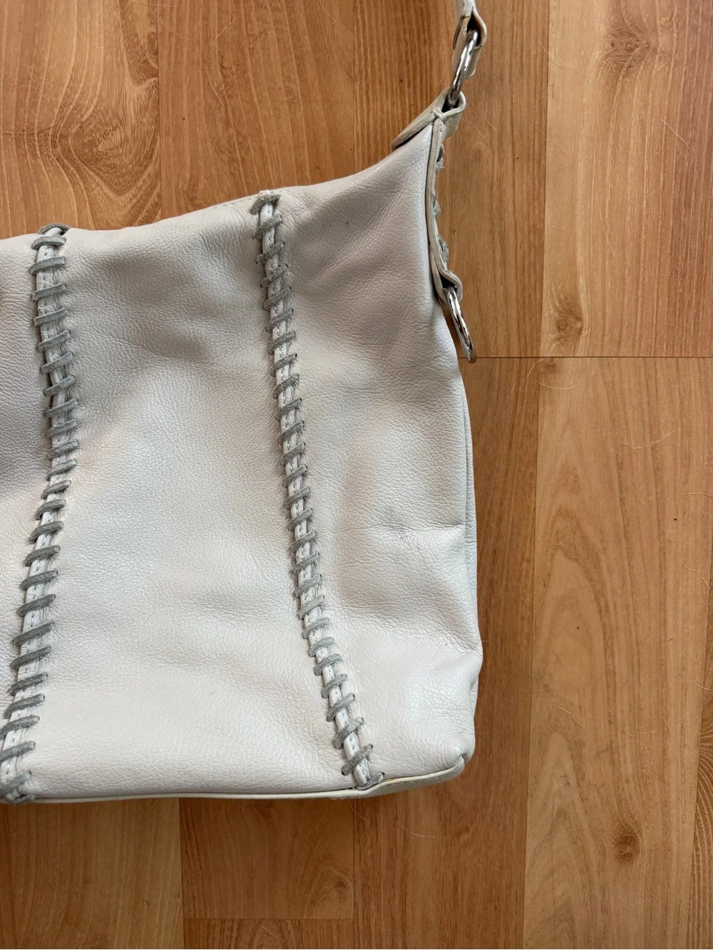 Vintage leather White Stitched Hobo Bag with Tassel